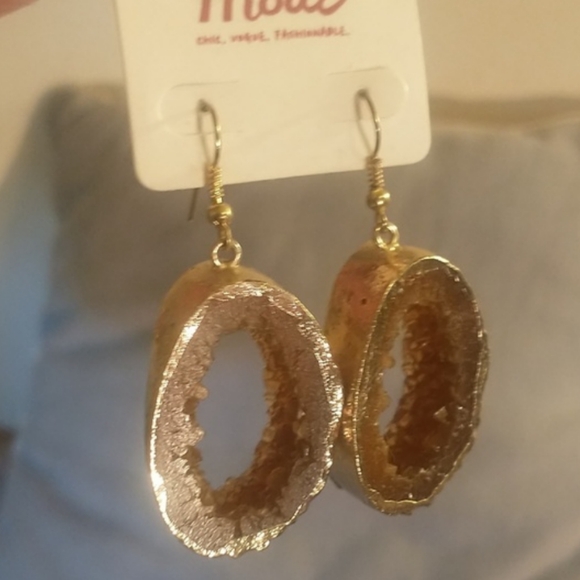MODE Druzy Geode Sliced +Hallowed Citrine Drop Earrings Encased Gold-tone Enamel - Picture 3 of 10